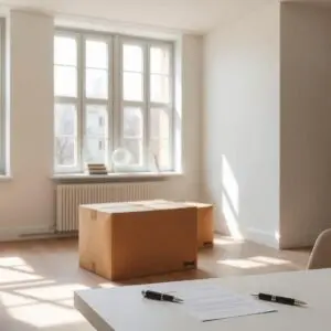 lägenhet med flyttlådor framför fönster.